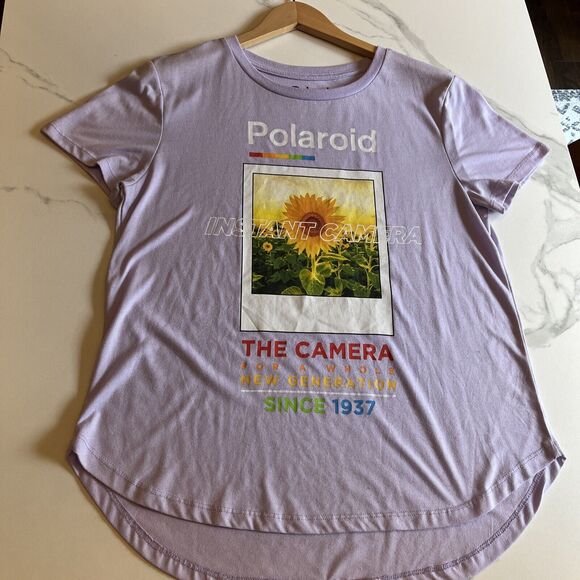 Polaroid Instant Camera Graphic Shirt Women’s XL Purple Tunic Short Sleeve Top - Picture 1 of 8